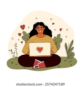 Girl Chatting on Laptop Outdoors with Heart Icons, Sharing Love Messages