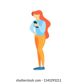 Girl chatting on the mobile phone. Teen communicate with friends through social networks using smartphone. Internet addiction. Isolated flat vector illustration