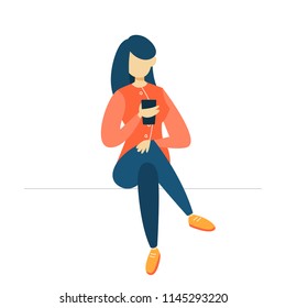 Girl chatting on the mobile phone. Teen communicate with friends through social networks using smartphone. Internet addiction. Isolated flat vector illustration