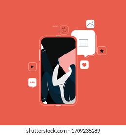 girl chatting on social media vector, Social media marketing, Marketing and advertising, communicates by phone in the messenger
