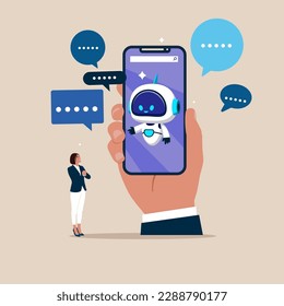 Girl chatting with robot, asking questions and receiving answers. AI assistant support. Modern vector illustration in flat style