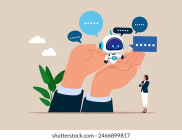 Girl chatting with robot, asking questions and receiving answers. AI assistant support. Flat vector illustration 