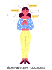 Girl chatting with someone on white background abstract modern style 