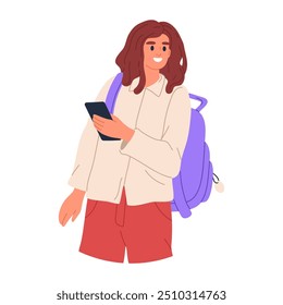 Chica chateando o navegando por internet. Video Mujer que usa el smartphone, el carácter femenino que envía mensajes de texto o que mira en la Ilustración vectorial plana del artilugio. Señora con el smartphone