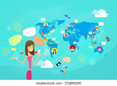 Girl Chatting Texting, Social Network Communication Concept World Map Coworking Flat Vector Illustration