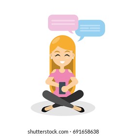 Girl chatting using smartphone. Young smiling woman with phone messaging.
