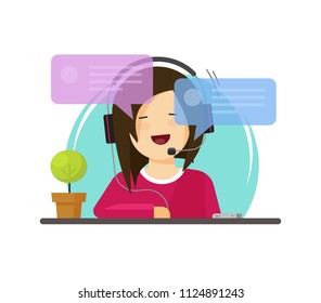 Girl chatting vector illustration, flat cartoon woman character with headphones with chat bubbles speech, concept or online support, operator agent talking, happy person on job clipart