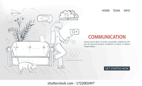 a girl chatting while standing next to a sofa, For a Website Or Mobile Apps, Artificial Intelligence Concept, outline Vector Illustration in the style of a Doodle sketch
