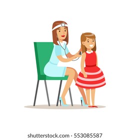 Girl Checked With Sthetoscope On Medical Check-Up With Female Pediatrician Doctor Doing Physical Examination For The Pre-School Health Inspection