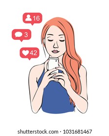 Girl checking social network push notification
Beautiful female blogger holding cellphone with app icons around. Social network addiction. Isolated vector illustration.