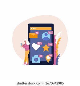 Chicas revisando la notificación de inserción en las redes sociales. Hermosa bloguera sosteniendo un celular con iconos de aplicación alrededor. adicción a las redes sociales.Ilustración vectorial aislada.