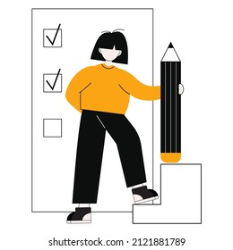 Girl and checklist. Flat vector illustration Business concept. 