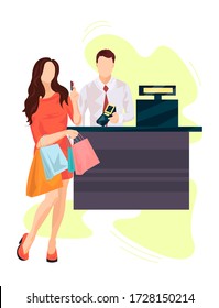 Girl At The Checkout Counter With Several Packages Pays With A Card vector illustration from shopping collection. Flat cartoon illustration isolated