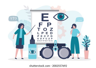 Girl checks eyesight with ophthalmologist. Ophthalmological tools for vision testing. Female character on examination by optician. Concept of vision correction and healthcare. Flat vector illustration