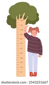 A girl checks her height near a growth ruler.