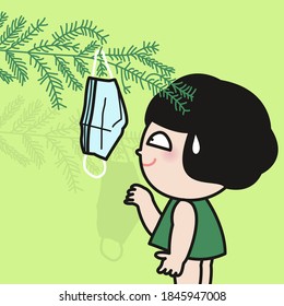 Girl With Cheeky Face Just Finish Hanging A Medical Face Mask on Christmas Tree As A Christmas Ornaments Concept Card Character illustration