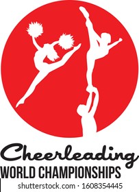 A girl cheer dancer jumps with pom pons into split. Logo for championship. Graphic vector