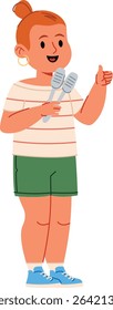 A girl cheerfully holds barbecue tongs in a cartoon style.  A young person happily displays grilling utensils. Cartoon vector illustration