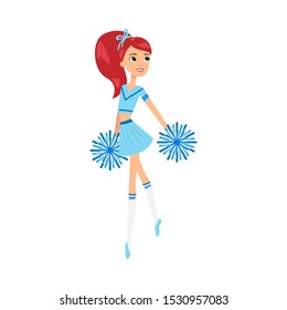 Girl cheerleader in blue costume dancing with pompons vector illustration
