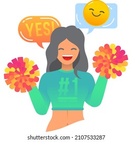 Girl cheerleader dancer vector icon. Young cheerful woman character dancing with pompom support football team in competition