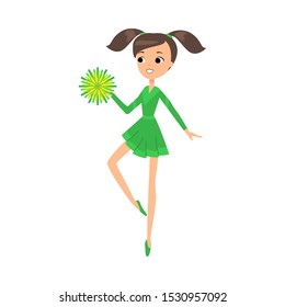 Girl cheerleader in green costume dancing with pompons vector illustration