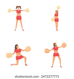 Girl cheerleader icons set cartoon vector. Dancing cheerleader girl with pompom. Sport event