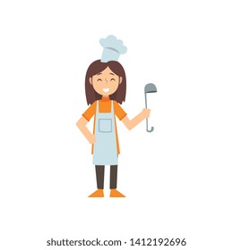 Girl Chef Character with Ladle, Kid Dreaming of Future Profession Vector Illustration