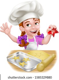 A girl chef child cartoon kid character baking cookies