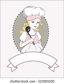 girl the chef, in a cook hat and with a serving spoon, frame