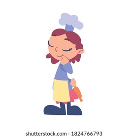 Girl Chef Cook with Rolling Pin, Cute Child Cooker Character Wearing White Hat and Apron Cooking Delicious Food on Kitchen Cartoon Style Vector Illustration