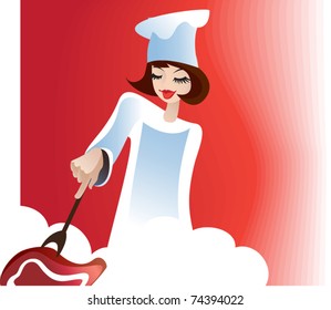 Girl - chef cooks the meat over an open fire