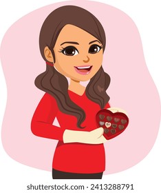 Chef sosteniendo bono de chocolate casero en una caja de regalo con forma de corazón ilustración vectorial. Panadera femenina sosteniendo presencia de San Valentín