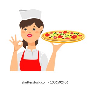 The girl chef holds a pizza and with an Ok sign on her hand. Vector illustration on white background.