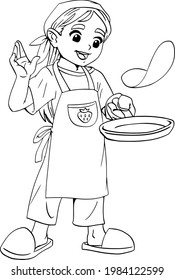 Girl chef prepares pancakes food in a frying pan. A child in a chef s hat. Coloring book realistic with black lines. Vector in cartoon childish style. Isolated art on a white background. Cute print