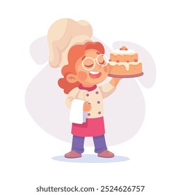 Girl Chef in Toque Hold Cake as Child Profession Vector Illustration