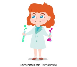 Girl Chemist Character, Female Scientist In White Coat Holding Test Flask Vector Illustration