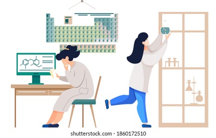 The girl chemist puts the flask on the top shelf of the cabinet. Table of chemical elements on the wall. Woman scientist working in laboratory. Female character sitting with cards in her hands