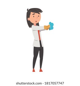 Girl Chemist Scientist with Test Flask, Doctor or Student Character in White Coat Working at Medical or Researching Laboratory Cartoon Style Vector Illustration