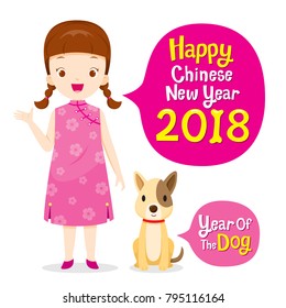 Girl In Cheongsam With Dog, Chinese New Year, Year Of The Dog, Traditional Celebration, China, Spring Festival, Animal