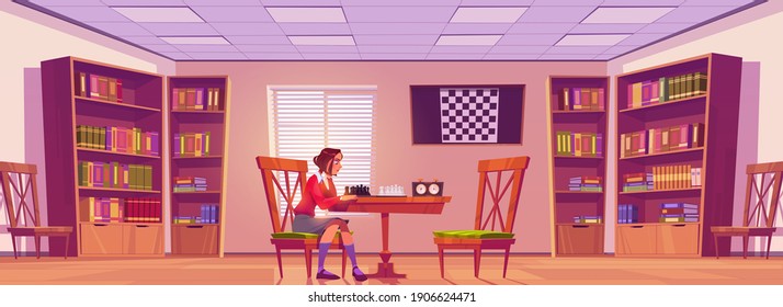 Girl in chess club playing board game, woman play alone with herself prepare for intelligence tournament thinking at chessboard with timer in room interior with bookshelves Cartoon vector illustration