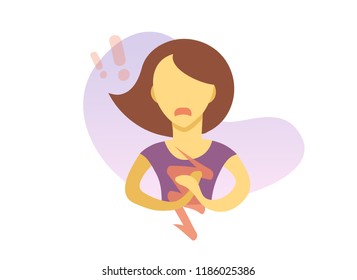 Girl with the chest pain icon. Colorful flat vector illustration. Isolated on white background.