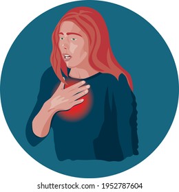 Girl with chest pain, shortness of breath, difficulty in breathing, acute and chronic dyspnea. Symptoms and Diagnosis. Lungs, trachea and heart. Pneumonia, heart attack, tachycardia
