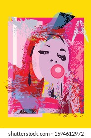 Girl with chewing gum, Punk colorful pop art background
