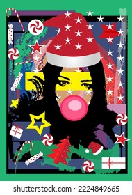 Girl With Chewing Gum And Santa Hat. Merry Christmas Background With Presents, Gifts And Christmas Tree. 