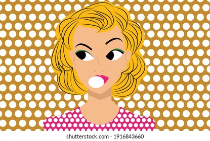 Girl chews gum and inflates a bubble concept. Creative idea design for template, brochure or presentation.