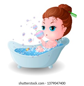 Girl Chibi bathes in the bath and plays with soap foam blowing rainbow bubbles.