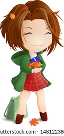 Girl Chibi in a green coat with an armful of orange maple leaves in his hands. Vector illustration.