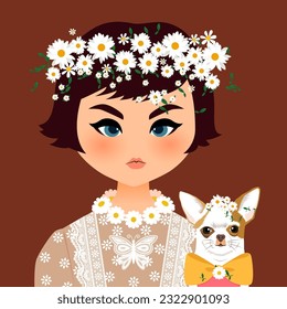 The girl and chihuahua portrait illustration.
