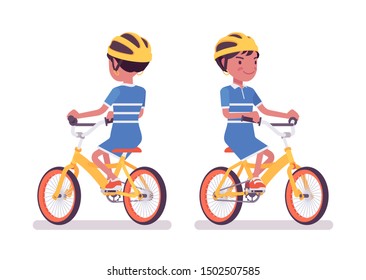 Girl child 7, 9 year old, school age black kid riding bicycle. Active schoolgirl cyclist enjoys biking, recreation, sport activity. Vector flat style cartoon illustration isolated on white background