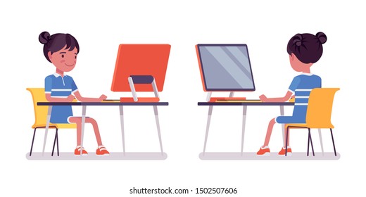 Girl child 7, 9 year old, female black school age kid working at personal computer, schoolgirl in project, study. Vector flat style cartoon illustration isolated on white background, front, rear view